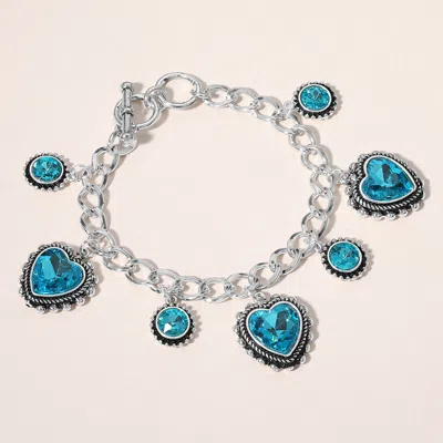 Fashnzfab Heart Round Stone Charm Station Toggle Bracelet Antique Silver, Aqua In Blue