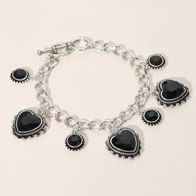 Fashnzfab Heart Round Stone Charm Station Toggle Bracelet Antique Silver, Black In Multi