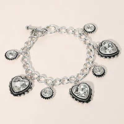 Fashnzfab Heart Round Stone Charm Station Toggle Bracelet Antique Silver, Clear In Multi