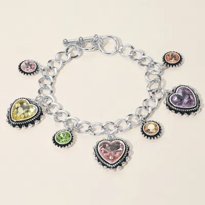 Fashnzfab Heart Round Stone Charm Station Toggle Bracelet Antique Silver, Multi In Metallic