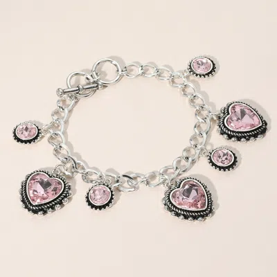 Fashnzfab Heart Round Stone Charm Station Toggle Bracelet Antique Silver, Pink In Multi