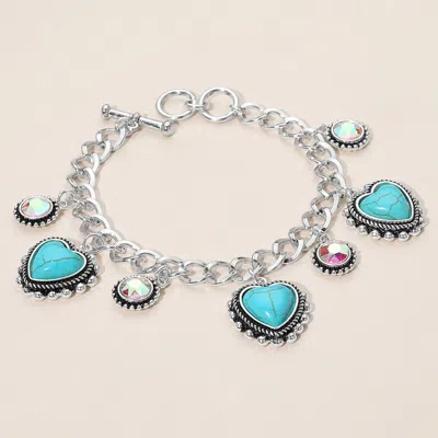 Fashnzfab Heart Round Stone Charm Station Toggle Bracelet Antique Silver, Turquoise In Multi