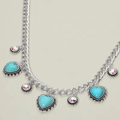 Fashnzfab Heart Round Stone Cluster Pendant Station Necklace In Blue