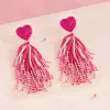 Fashnzfab Heart Seed Beaded Tassel Dangle Earrings - Pink In Pink