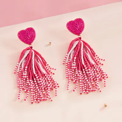 Fashnzfab Heart Seed Beaded Tassel Dangle Earrings - Pink