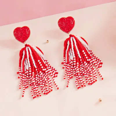 Fashnzfab Heart Seed Beaded Tassel Dangle Earrings In Red
