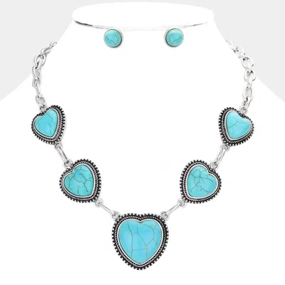 Fashnzfab Heart Shape Natural Stone Pendants Accented Necklace In Blue