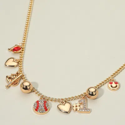 Fashnzfab Heart Smile Number One Baseball Charm Station Necklace In Gold