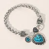 Fashnzfab Heart Stone Charm Bracelet Antique Silver, Aqua In Silver