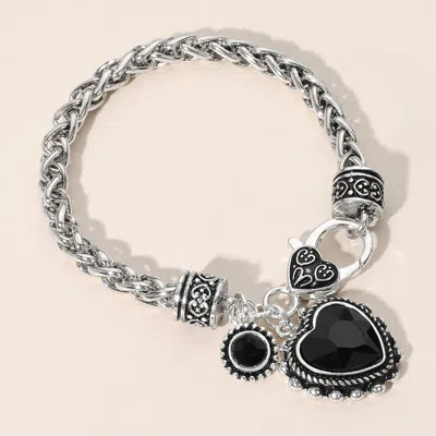 Fashnzfab Heart Stone Charm Bracelet Antique Silver, Black In Multi