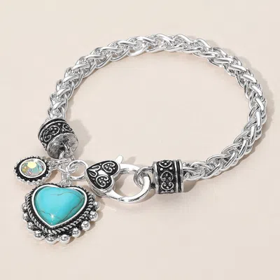 Fashnzfab Heart Stone Charm Bracelet Antique Silver, Turquoise In Multi