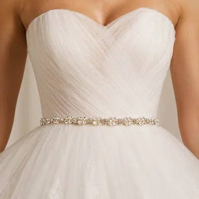 Fashnzfab Heart Stone Cluster Clover Sash Ribbon Bridal Wedding Belt Headband In Metallic