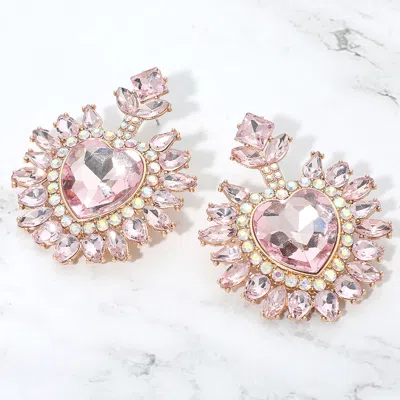Fashnzfab Heart Stone Cluster Embellished Drop Statement Earrings In Pink