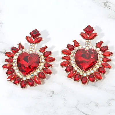 Fashnzfab Heart Stone Cluster Embellished Drop Statement Earrings In Red