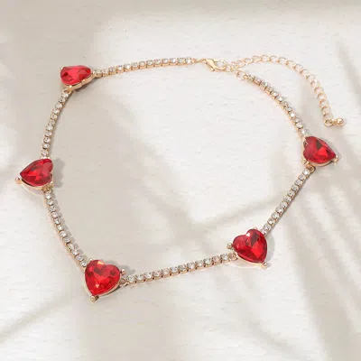 Fashnzfab Heart Stone Cluster Station Tennis Chain Necklace In Red