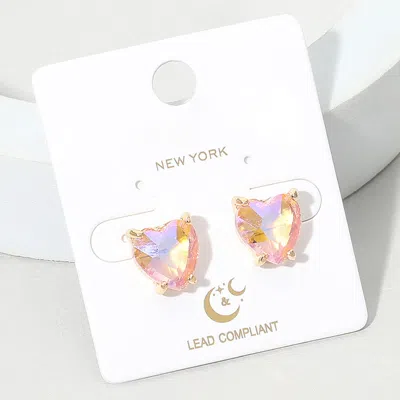 Fashnzfab Heart Stone Cushion Stud Earrings In Pink