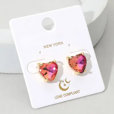 Fashnzfab Heart Stone Cushion Stud Earrings In Pink