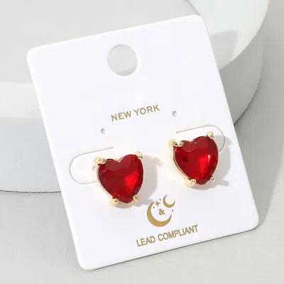 Fashnzfab Heart Stone Cushion Stud Earrings In Red