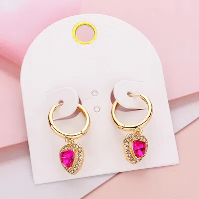 Fashnzfab Heart Stone Dangle Huggie Hoop Earrings In Pink