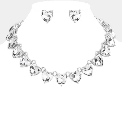 Fashnzfab Heart Stone Link Evening Necklace In Silver