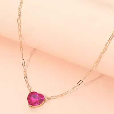 Fashnzfab Heart Stone Pendant Paperclip Chain Necklace In Pink