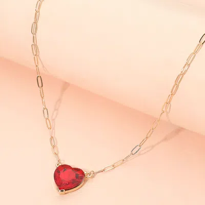 Fashnzfab Heart Stone Pendant Paperclip Chain Necklace In Red