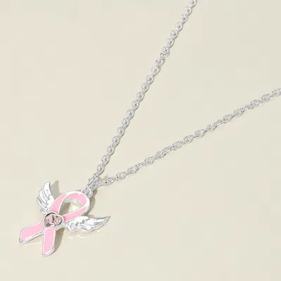 Fashnzfab Heart Stone Pointed Enamel Pink Ribbon Angel Wing Pendant Necklace In Purple