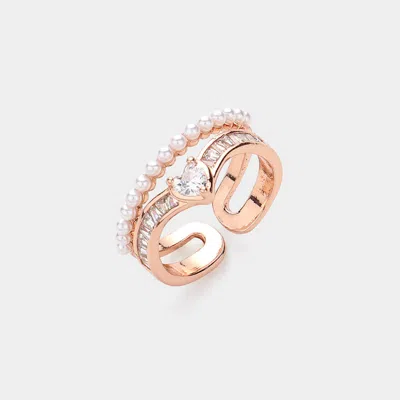 Fashnzfab Heart Stone Pointed Pearl Paved Layered Ring - Rose Gold