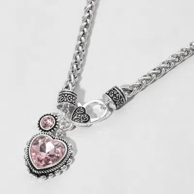 Fashnzfab Heart Stone Pointed Pendant Antique Metal Necklace - Antique Silver, Pink In Multi