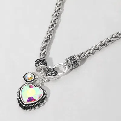 Fashnzfab Heart Stone Pointed Pendant Antique Metal Necklace - Ab, Antique Silver