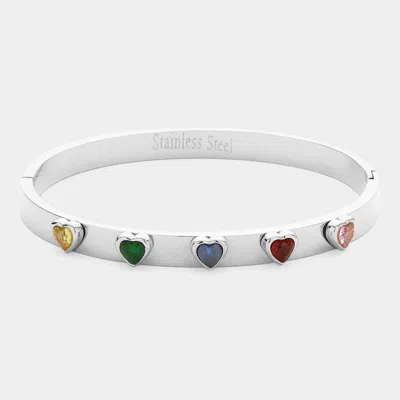 Fashnzfab Heart Stone Pointed Stainless Steel Hinged Bracelet In Silver