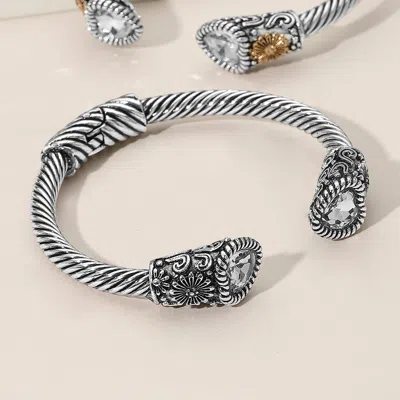 Fashnzfab Heart Stone Tip Antique Metal Hinged Cuff Bracelet In Silver
