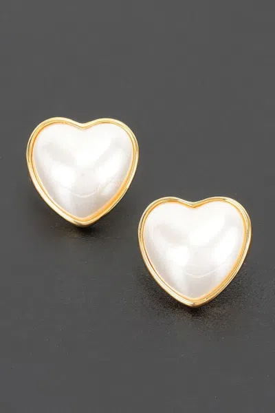 Fashnzfab Heart-shaped Pearl Stud Earrings With Simple Metal Frame In Gold