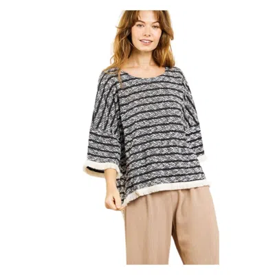 Fashnzfab Heathered Striped Knit Bell Sleeve Round Neck Top In Black