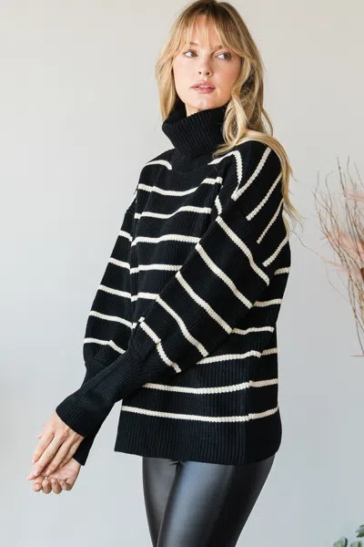 Fashnzfab Heavy Knit Striped Turtle Neck Knit Sweater In Black