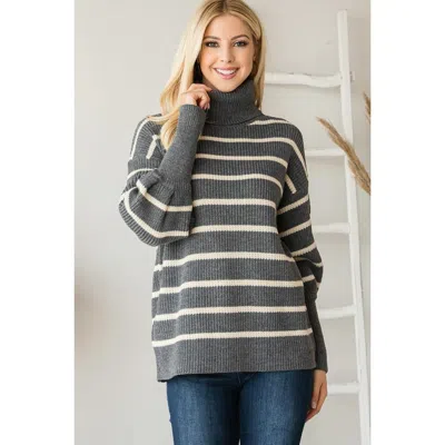 Fashnzfab Heavy Knit Striped Turtle Neck Knit Sweater In Grey