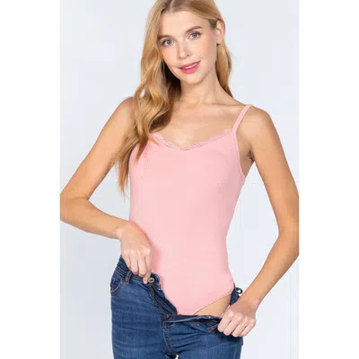 Fashnzfab Heavy Rib Cami W/lace Bodysuit In Pink