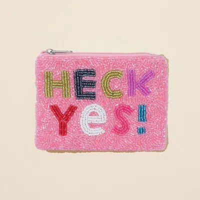 Fashnzfab Heck Yes Message Seed Beaded Mini Pouch Bag In Pink