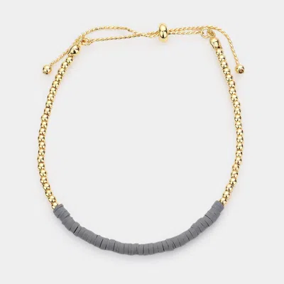 Fashnzfab Heishe Beaded Metal Ball Beaded Adjustable Cinch Pull Tie Bracelet Gray