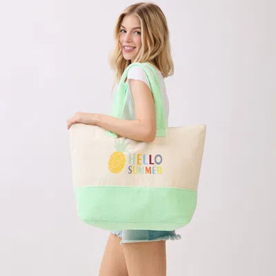 Fashnzfab Hello Summer Message Pineapple Graphic Printed Terry Tote Bag In Green