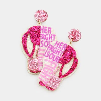 Fashnzfab Her Fight Is Our Fight Message Glittered Pink Ribbon Glove Dangle Earrings