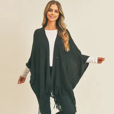 Fashnzfab Herringbone Knit Fringe Ruana Poncho In Gray