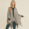 Fashnzfab Herringbone Knit Fringe Ruana Poncho In Gray