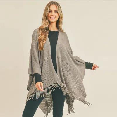 Fashnzfab Herringbone Knit Fringe Ruana Poncho In Gray