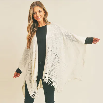 Fashnzfab Herringbone Knit Fringe Ruana Poncho In White