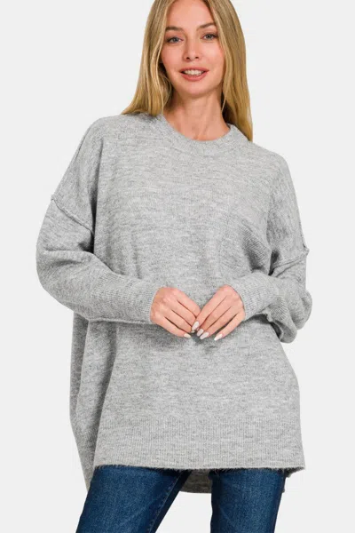Fashnzfab High-low Hem Drop Shoulder Sweater In Grey
