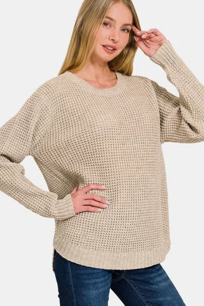 Fashnzfab High Low Long Sleeve Waffle Sweater In Beige