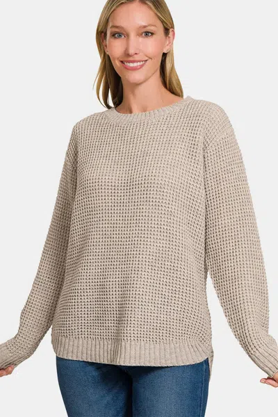Fashnzfab High Low Long Sleeve Waffle Sweater In Multi