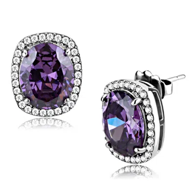 Fashnzfab High Polished (no Plating) Stainless Steel Earrings With Aaa Grade Cz In Amethyst In Purple