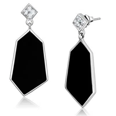Fashnzfab High Polished (no Plating) Stainless Steel Earrings With Aaa Grade Cz In Clear In Black